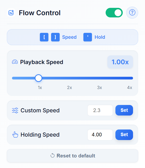 Flow Control Chrome Extension interface showing video speed control slider and keyboard shortcuts